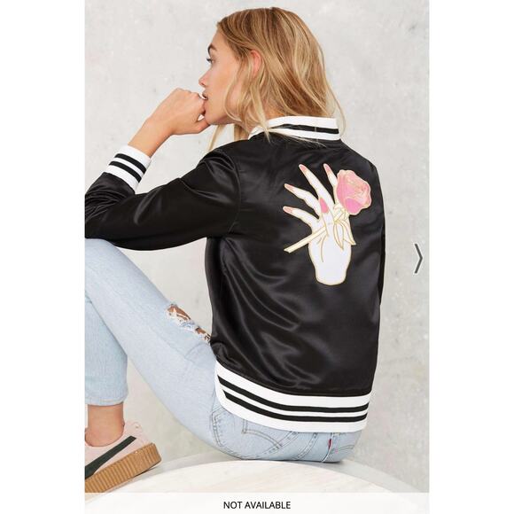 Big Bud Press Stem to Stem Embroidered Roses Poly Satin Black Bomber Jacket M - Picture 4 of 13